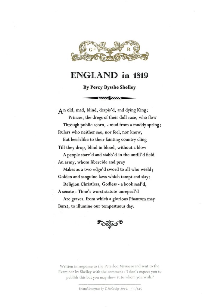 England in 1819 by Percy Bysshe Shelly, letterpress print